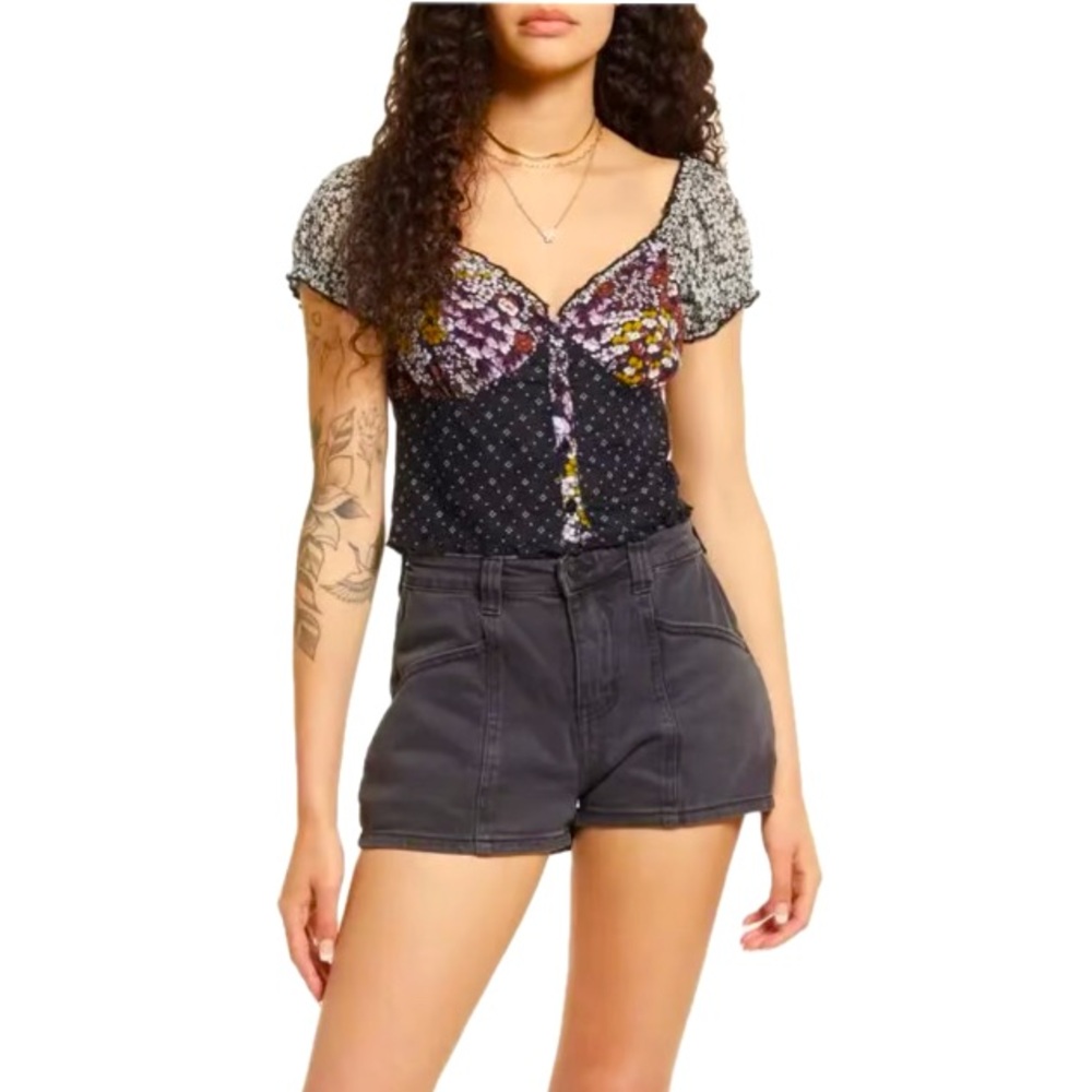 BP Mixed Print Puff Sleeve Top in Black Mixed Prints